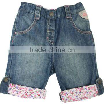 Kids fashion design lovely jeans 3/4 pants girls sweat jeans 1/2 pants with floral printing lining