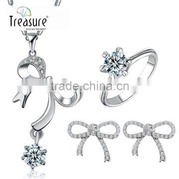 Unique jewelry bowknot zircon water drop pendant ring earrings and necklace jewelry set for bride