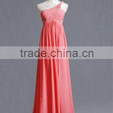 Beaded Salmon One Shoulder Soft Flowing Chiffon Sheath Evening Dress with Sweep Train EY0042