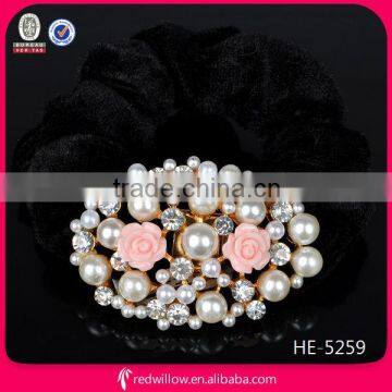 2014 Spring hot sale diamante pearl flower hair elastic tie with velvet bands