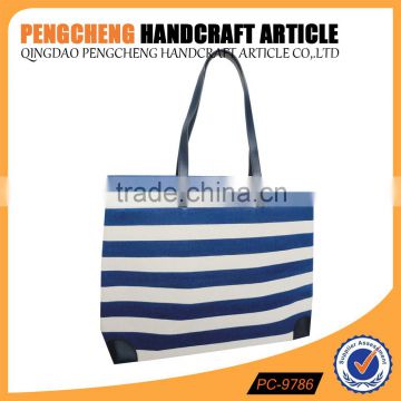 Hot sale stripe jute tote bag PVC handle women handbag