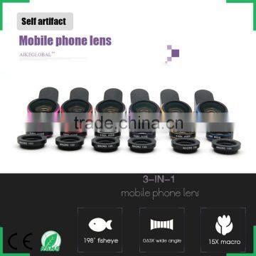 2016 innovative gadgets imported optical glass camera lens kit 198 fisheye 0.63x wide 10x macro lens mobile phone zoom lens