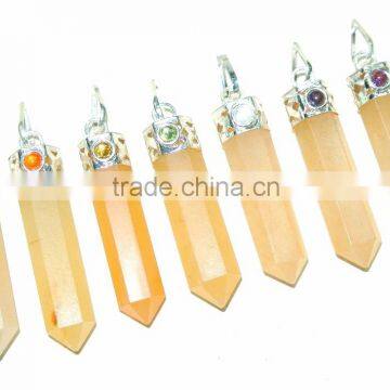 YELLOW AVENTURINE 7 CHAKRA POINT PENDANT SET : CHAKRA CABACHONE PENDANT POINT SET : CHAKRA PENDANT