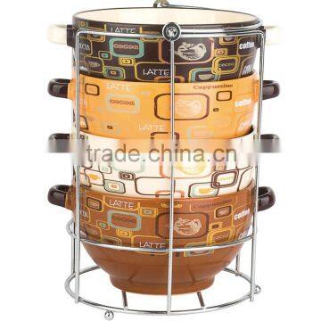 600ml stoneware large soup bowls with decals and stand with color box for gift