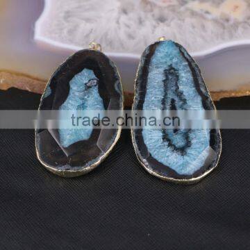 Black & Blue Agate Pendant Slice, Gold Plated Edged Agate Druzy Gemstone Pendant Stone for Jewelry