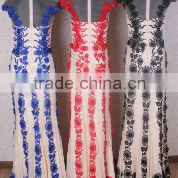 Elegant Embroidery High Neck Cap Sleeve Tulle Long Red Evening Dress photo-5