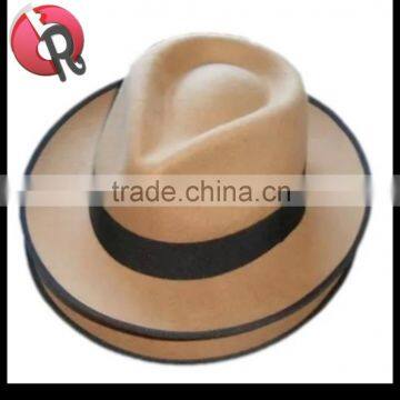 australia wool felt camel fedora hat with black ribbon and Hemming