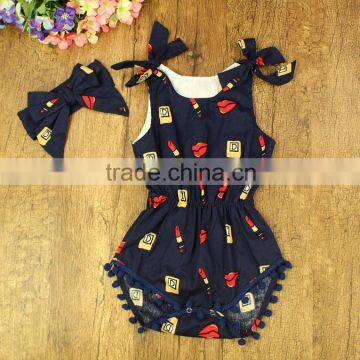 Wholesale Newborn Infant Baby Clothes Girl Romper Plain Custom Print Navy Dark Blue Onesie Pom Poms Lipstick Bubble Rompers photo-4