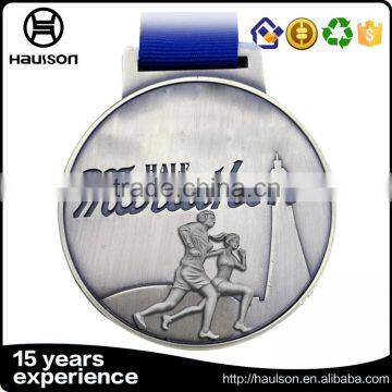 best seller wholesale custom diecast zinc alloy material plated silver half marathon medal with ribbon