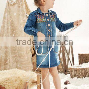 new early autumn girls dress embroidered straight long sleeve cowboy denim dress