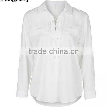 Simple and Stylish Women White Shirts Wholesale,custom Tie-Up Pocket Blouse With Your Own Logo China Supplier
