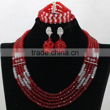 Red Coral with Clear Crystal African Wedding Necklace Beads Nigerian Earrings Jewelry Sets