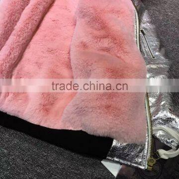 2017 Winter Fashion Sliver Leather Jacket With Pink Faux Fur Lined Leather Wear photo-5