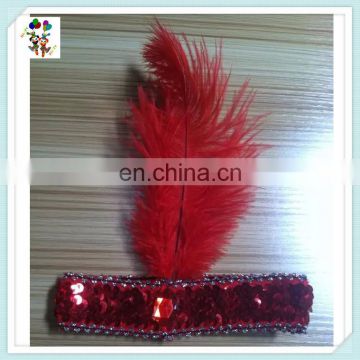 Flapper Dance Party Red Sequin Feather Elastic Headbands HPC-0766