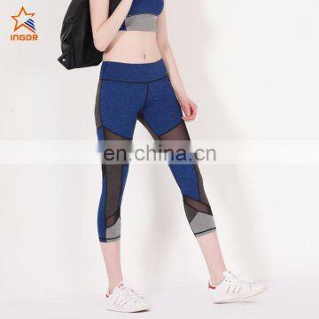 OEM women 3/4 black mesh insert leggings athletic tight gym sports compression fitness yoga pants capri