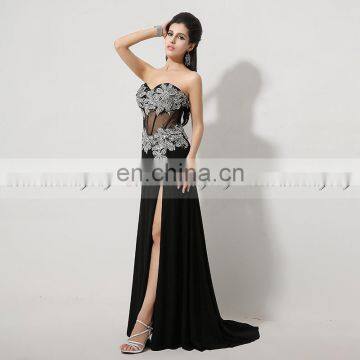 Sexy High Side Slit Sequins Lycra Crepe Unique Beading Strapless Applique Prom Dresses AJ023