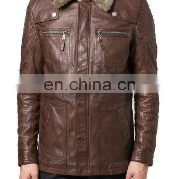 Men Leather shearling Coat with fur collar