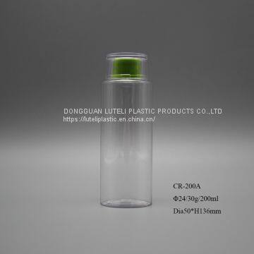 200ml transparent round plastic PETG lotion cosmetic packaging bottle with inner plug and screw cap