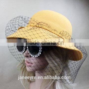 Elegant Veiling Wool Felt Hat With Flower For Women photo-2