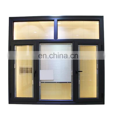 factory price house bedroom fixed top design casement blinds inside double glazed aluminum dark grey window with white shutters