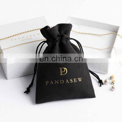 PandaSew Custom Logo Luxury Black Suede Velvet Package Drawstring Jewelry Pouch Bag