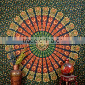 Indian Tapestry Cotton Multicolored Green Mandala Vintage Wall Hanging Tapestries Throw Bedsheet