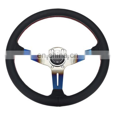 car race tuning titanium blue spoke steering wheel leather wrap, 14 inch horn button race car steering wheel