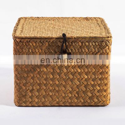 HBK handmade straw rectangular water hyacinth seagrass hanging woven nested organizer basket with lids and straps