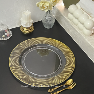 Decorative Wedding Dish Favor Round Clear Plastic Charger Plate With Gold Beads Rim photo-2