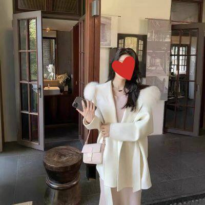 Mountain wild rose cape-style double-sided cashmere coat, fox fur collar, small tweed coat, women's mid-length