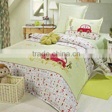 Embroider Car Bedding Cotton Child Duvet Cover Bed Set 205TC In Green Color