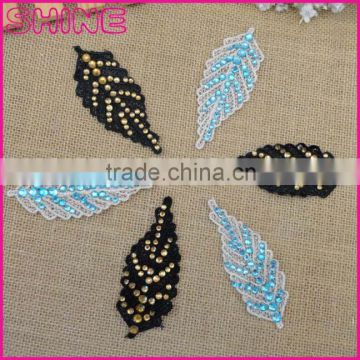 Water soluble 10.3*4cm nylon knitted embroidery rhinestone Leaf beads patch for decoration