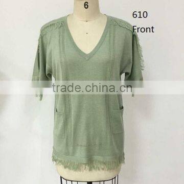2016 Spring/Summer v Neck Short Sleeve Pointell on Front With Fringe Fashion Pullover Garment photo-2