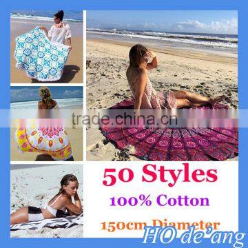 Hogift 150*150cm 50 styles 100% cotton printed round beach towel with tassel