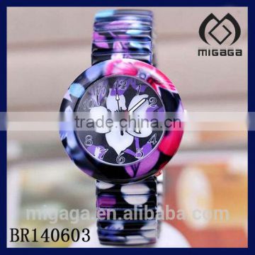 elastic band alloy watch elegant floral printing case and band fashion watch for women