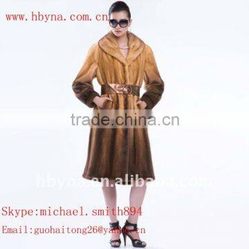 Brown long mink fur coat with a waistband