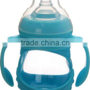 OEM high quality anti cracking borosilicate glass baby bottle with silicone sleeve