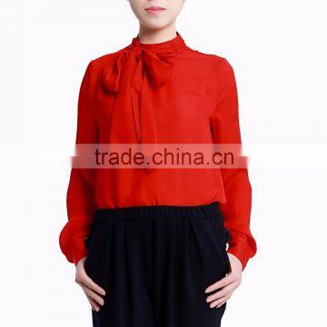 Women's Chiffon Vintage Bow Tie Neck Long Sleeve Shirt Solid Blouse Tops OEM ODM Type Clothes Factory Manufacturer Guangzhou