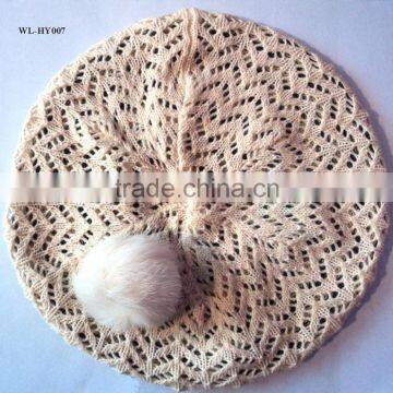 WL-HY007 KNITTING CASHMERE-LIKE ACRYLIC BERET WITH POM-POM
