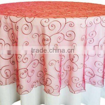 Pink embroidered round table overlay for weddings