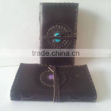 custom ade leather journals with stones and metal clasps along with side stitching, leather journals, embossed leather journals,