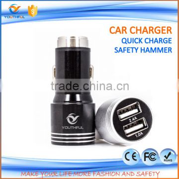 High quality 12V QC 2.0 car battery charger usb travel car charger for universal phone with car safety hammer