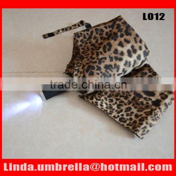 [L012]Leopard umbrella, 3 folding LED umbrella with torch handle,auto open and close umbrella