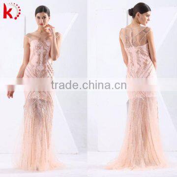 Graceful Transparent Round Neck Cap Sleeve Beaded Long Lace Evening Dress