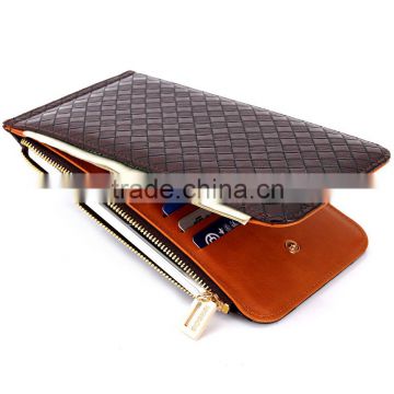 Fashion cheap basket woven PU zip money clip wallet in brown