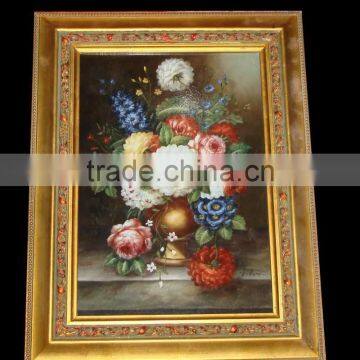 Antique Wood Carved Framed Mural, Oil Painting Ceramic Flower Framed Mural