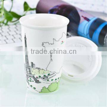 Ceramic double wall coffee cup with silicone cup lid