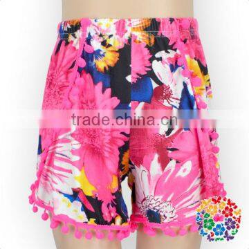 2016 New Arrival Cute Black White Strip Flowers Fabric With Hot Pink Pom Pom Pom Shorts For Girls photo-4
