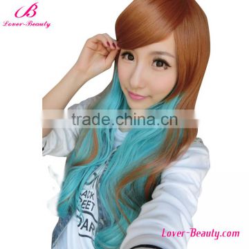 hexin fashionable hotsell long wavy brown and green full lace human hair wig