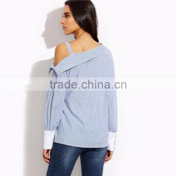 Womens Tops Fashion Autumn Ladies Blue Striped Fold Over Asymmetric Shoulder Long Sleeve Contrast Cuff Blouse photo-3